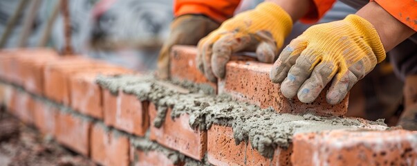 Closeup of hands wearing gloves, laying bricks with cement on top of each other to build the wall.