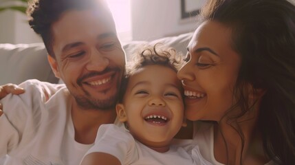 In a living room selfie or portrait, mother, father, and child unite and enjoy holidays. Mama, dad, and cheerful boy with a wide smile enjoy Mexico photos.