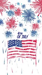 The American flag and fireworks on a white background, with blue letters writing 4TH OF JULY in the text