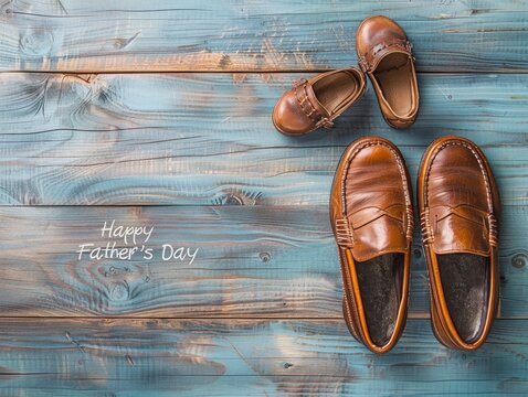 a pair of baby shoes and a leather loafer shoe on a grey wooden background with text Happy Fathers Day.
