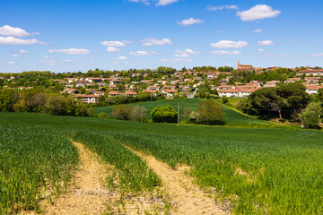 Village de Nailloux sur sa colline avec son église de briques rouges depuis un champ de blé au...