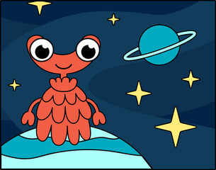 Cute red alien on blue planet in space. Cartoon, vector