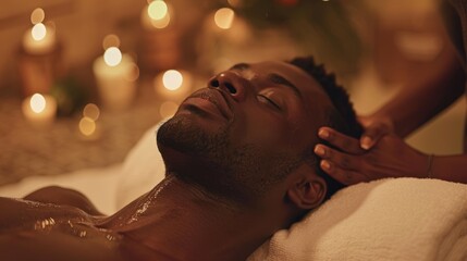 Black dude, calm massage Being peaceful, relaxed, and stress-free while lying on a table. African American man, wellness spa treatment and body care