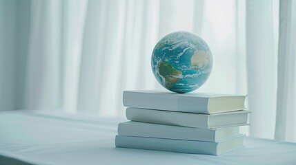 a stack of white books with an earth globe placed on top, set against a neutral gray background, the foreground is blurred to draw focus to the books and globe.