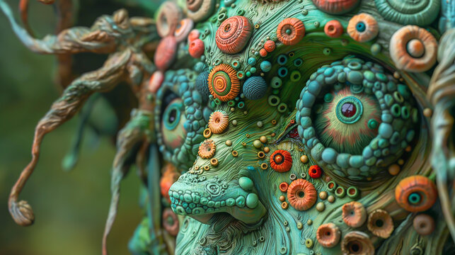 Cute Colorful Alien Creature with Large Vibrant Eyes. Surreal Fantasy, Science Fiction Movie Makeup, Mythology, Future. Otherwordly, Artistic, Ornamental, Mystical, Bright, Odd, Bizzare. Book, Story
