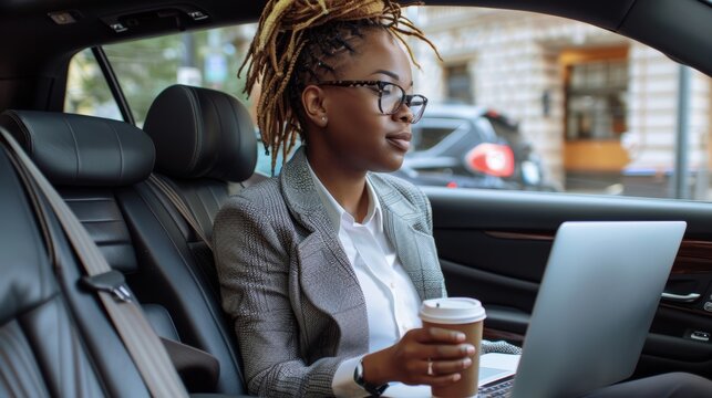 Laptop, taxi, and businesswoman, consultant, or agent researching, reading, or checking email. Morning commute, city transit, and professional driving