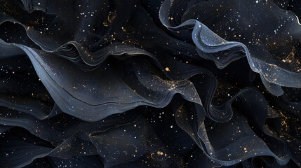 Produce an AI artwork capturing abstract silk in midnight black tones, embellished with shimmering glitters creating a captivating backdrop.