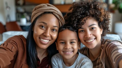 Lesbian, woman, and boy in family selfie, grin, and care with portrait, publish, and blog on living room floor. Mother, boy, and glad for love, bonding, or house social media memory.