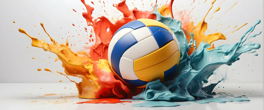 A dynamic image of a volleyball making a splash amidst vividly colored red, yellow, and blue paint, suggesting motion and energy