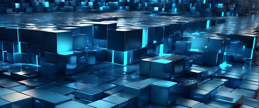 A 3D render of an organized array of blue illuminated cubes on a dark background, representing order and digital technology