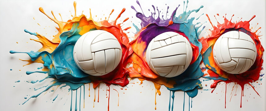 Three white volleyballs captured in mid-air with a dramatic splash of vibrant, multicolored paints in the background