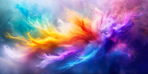 A vibrant and colorful abstract design with swirling patterns of bright colors, predominantly blues, purples, yellows and pinks.