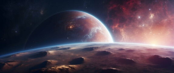 Obraz premium A mesmerizing image of a planet with its moons set against a vibrant cosmic nebula, evoking wonder