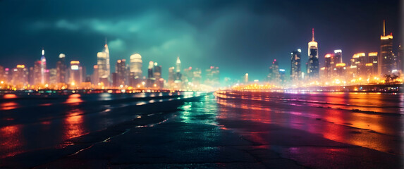 A captivating night view of a wet city street reflecting dazzling lights with a skyline backdrop, invoking a sense of urban vibrancy