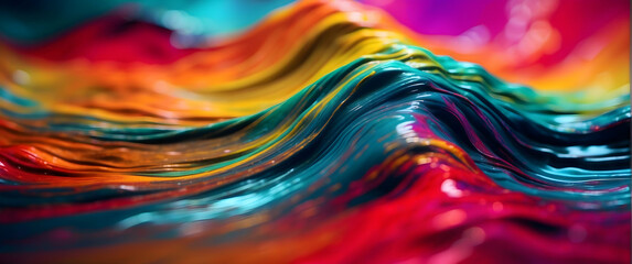 An immersive image of undulating liquid in vibrant colors creating a mesmerizing wave pattern