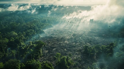 Industrial and wood deforestation, forest removal for environment, ecology, and trees. Ai-generated plants and a forest landscape for earth, eco, and destruction