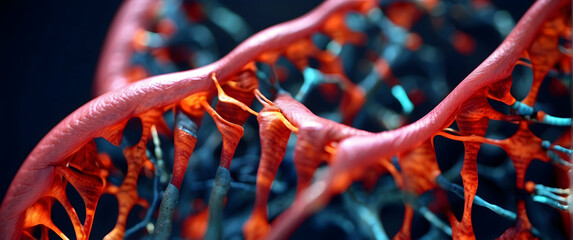 A detailed close-up of red and blue DNA double helix structures representing the building blocks of life and genetic science