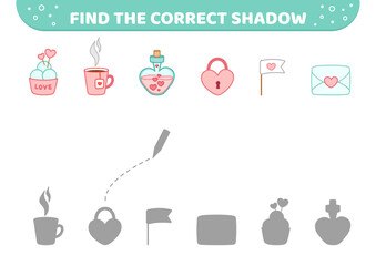 Find the correct shadow. Pink elements with hearts. Shadow matching game. Cartoon, vector