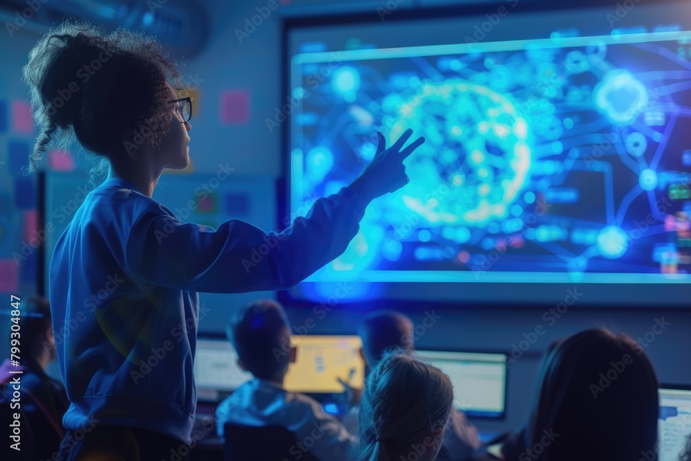Poster skilled teacher teaching ai to diverse elementary student at digital classroom. smart multicultural 