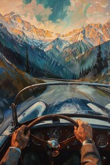 A man driving a vintage car on a winding road through the mountains. The sky is clear, the sun is shining, and the man is enjoying the drive.