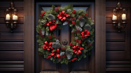 Naklejka premium Realistic portrayal of a traditional rustic wreath adorning a decorative front door, captured in high resolution, perfect for a Christmas setting