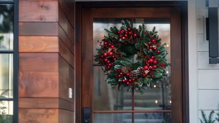 Rustic holiday wreath on a modern door, captured in close-up to highlight the contrast between classic and contemporary
