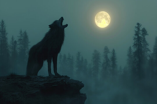 wolf werewolf howls at full moon on top of rock in forest in mist night