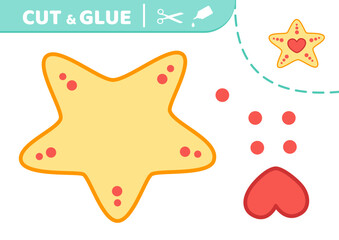 Starfish with heart. Cut and glue. Yellow star. Applique. Paper game. Vector