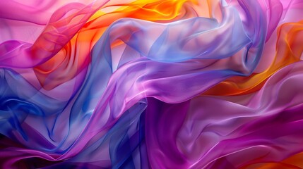 Fototapeta premium Widescreen view of multicolored fabric billowing gracefully in the wind, emphasizing movement and vibrant patterns