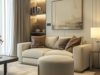 Zoomed-in detail of a small living room arrangement, focusing on smart storage solutions and sleek, modern aesthetics