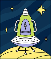 Spaceship on yellow planet in space. Childish space illustration. Cartoon, vector.