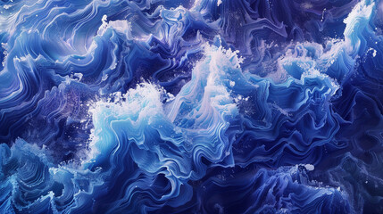 Produce a digital image using AI technology, depicting the mesmerizing dance of azure and deep navy waves, symbolizing the perpetual motion and vitality of the ocean's dynamic movement.