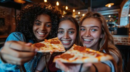 Woman, friends, and pizza for selfie, recollection, or restaurant post. In friendship, happy women...