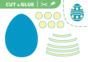 Cut and glue. Blue Easter egg with dota and lines. Applique. Paper game. Vector.