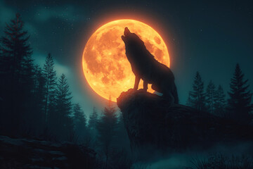 wolf werewolf howls at orange full moon on top of mountain in forest at night