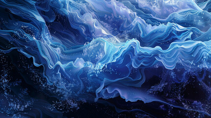 Produce a digital image using AI technology, depicting the mesmerizing dance of azure and deep navy waves, symbolizing the perpetual motion and vitality of the ocean's dynamic movement. - obrazy, fototapety, plakaty