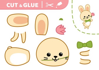 Cut and glue. Hare boy with pink flower in mouth. Applique. Paper game. Vector.