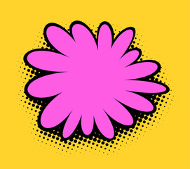A lively square-format illustration of a magenta flower with a pop art flair, featuring bold black outlines against a saffron yellow background, complete with halftone dot shading.