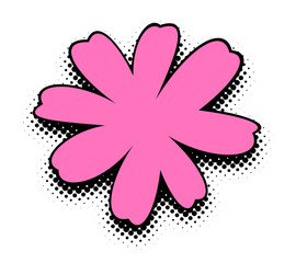 A hot pink flower with a bold pop art essence, featuring a halftone effect and stark black outlines, stands out on a crisp white background for a minimalistic yet striking look.