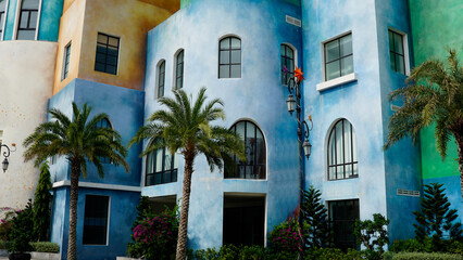 colorful houses in sunset town