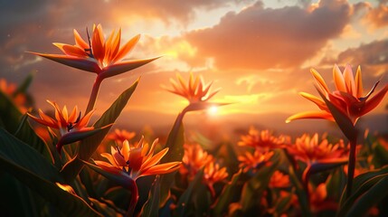 Strelitzia birds of paradise against a vivid sunset, exotic and endangered