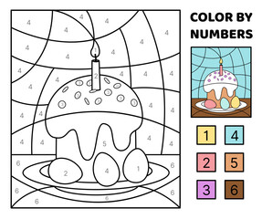 Color by number. Easter food. Cake and eggs. Coloring page. Game for kids. Cartoon, vector