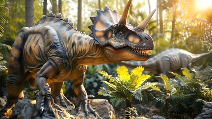 Discover the Dinosaur Park Adventure: Lifelike Sculptures, Towering Fossils, and Interactive Exhibits. Concept Dinosaur Park Adventure, Lifelike Sculptures, Towering Fossils, Interactive Exhibits