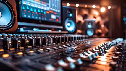 How to Adjust Audio Mixer Controls for TV Broadcast in a Recording Studio. Concept Audio Mixer Controls, TV Broadcast, Recording Studio, Adjust Settings, Sound Levels - obrazy, fototapety, plakaty
