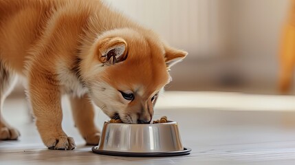 a cute Shiba Inu puppy happily eating from a bowl on the floor at home, complemented by a close-up photo of the dog drinking water from a metal food container, with a fluffy pet sleeping nearby
