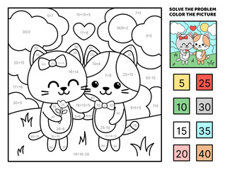Solve the problem, color the picture. Girl and boy kittens in love. Cat. Coloring book. Vector