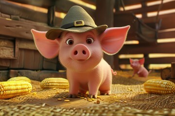 A cute pig wearing a hat is eating corn on the cob.