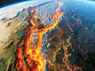 Close-up image of Earth for educational and scientific purposes, showcasing the boundaries of tectonic plates and illustrating the interactions that shape our planet's surface