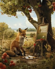 Fototapeta premium A fox sits in a field, painting on a canvas. The fox is wearing a beret and a smock. The painting is of a sheep.