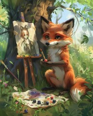 Fototapeta premium A fox in front of a canvas painting a picture of itself